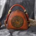 Genuine leather retro women handbag Chinese style carved shoulder crossbody shell bag - Fallen Orange Brown