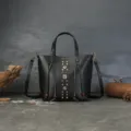 Retro genuine leather bucket bag for women, vintage top handle tote with metal rivets. - Gray