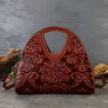 Vintage embossed genuine leather handbag for women, elegant retro top handle shoulder crossbody bag. - Brown