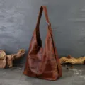 Vintage genuine leather shoulder bag large capacity brown tote bag casual crossbody bag for women - Brown