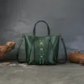 Dark green genuine leather bucket bag vintage rivet shoulder handbag for women daily use - Green