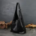 Women's large capacity black leather hobo shoulder bag casual tote wide strap crossbody bag - Black