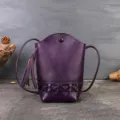 Sac seau bandoulière mini en cuir violet avec pompon et détails tressés pour femmes - Violet