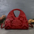 Retro embossed leather handbag women elegant shoulder bag red vintage top-handle tote bag - Burgundy