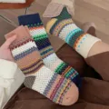 Retro Fair Isle patterned knit slouch socks for women and men, cozy thick thermal mid-calf socks. - One Size / ce Rust Red