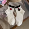 Cute white short socks for women with black cuffs and sweet apple cat embroidery cute cotton. - One Size / White