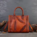 Vintage brown genuine leather handbag, retro feather embossed top handle shoulder tote bag. - Brown