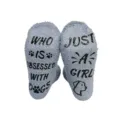 Cozy grey fuzzy socks with fun dog quote print, warm fleece floor socks for home. - Blue