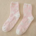 Pink and white star fuzzy coral fleece socks with anti-slip grips for cozy winter sleep. - Light Pink