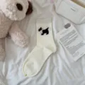 Cream mid-calf socks featuring a cute black dog motif and pink bow for women and girls. - One Size / pt2531 White