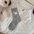 Grey mid-calf socks for women featuring cute white dog and blue bow knit design, soft and chic. - One Size / pt2531 Grey