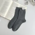 Grey polka dot mid-calf socks with cute ruffled cuffs, soft cotton daily wear now. - One Size / Dark Gray