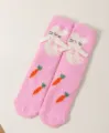 Cute winter women coral fleece socks with sweet bunny design, warm cozy home floor sleep socks. - One Size / 2580 Pink