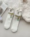 Cozy autumn winter coral fleece socks with cute 3d bear ears and warm embroidered scarf design. - One Size / Scarf Bear - White