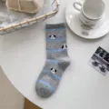 Blue-grey striped cute puppy women's mid-tube socks, Japanese style casual fashion cotton socks. - One Size / gs002 Grey and Blue Stripes