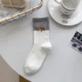 Blue grey striped cute puppy embroidered women mid-tube socks, daily casual student cotton socks. - One Size / gs002 Grey Sock Cuff