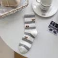 Blue Gray Striped Cute Puppy Dog Embroidery Women Mid Tube Socks Japanese Student Casual - One Size / gs002 Grey and White Stripes