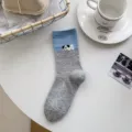 Blue-grey puppy embroidered women mid-tube socks, cute cartoon style student casual long socks - One Size / gs002 Blue Sock Cuff