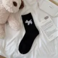 Black mid tube socks women spring summer cute pixel dog bowknot cotton casual hosiery - One Size / pt2531 Black