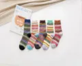 Detailed shot of retro ethnic pattern wool socks featuring vibrant multi-color wool knit designs. - One Size / Royal Blue Sock Cuff