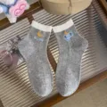 Grey short cute socks with moon and elephant embroidery, white cuff comfortable cotton daily wear women - One Size / Light Gray