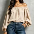 Women off shoulder long lantern sleeve blouse casual elegant solid color autumn top for daily wear - Apricot