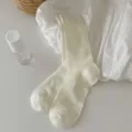 White ribbed mid-tube socks for women, featuring delicate lace trim, sweet Japanese ballet core style. - Heel Bow Detail