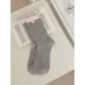 Grey mid-tube socks for women with pink cuff and cute heart charm, soft knit ins style. - One Size / Gray