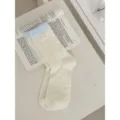 White mesh mid-calf socks with light blue cuffs and cute heart button accents, sweet style. - One Size / White with Blue Cuff