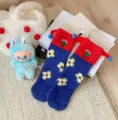 Fuzzy coral velvet socks for women with cute clown embroidery and warm winter design - One Size / Deep Blue with Red Cuffs