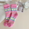 Pink fuzzy coral fleece socks with fair isle heart pattern, thick warm winter home sleep socks. - One Size / Fair Isle - Rose Red