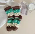 Cozy fleece winter socks in Fair Isle green and brown pattern, thick warm sleep socks. - One Size / Fair Isle - Green and Coffee