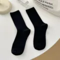 Black ribbed mid-calf socks for women, breathable cotton blend slouch socks for daily wear. - One Size / AM2434 Black