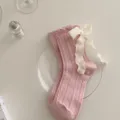 Belles chaussettes roses en tricot avec ruban blanc, style Lolita doux et confortable. - Taille unique / 001 Rose