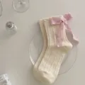 Chaussettes tricotées avec noeud pour femmes style lolita doux respirant coton article - Taille unique / 001 Blanc cassé avec nœud rose