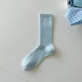 Light blue ribbed mid-tube socks for women, spring summer thin casual daily wear hosiery. - One Size / AM2526 Sky Blue
