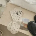 Summer women thin ballet style bow heart jacquard mid tube socks sweet cozy daily wear - One Size / Beige