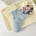 Light blue women ankle socks with cute letter C embroidery and loose ruffle cuff cotton. - One Size / sc Rolled Edge Light Blue