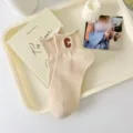 Casual women's ankle socks with cute letter C embroidery, soft cotton daily wear, beige color. - One Size / sc Rolled Edge Light Khaki