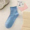 Solid blue rolled-top crew socks for women, soft cotton casual hosiery, spring and summer. - Blue