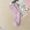 Pink ballet style mesh mid-calf socks with cute heart jacquard and rolled edges for women. - One Size / Pink