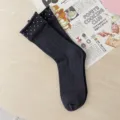 Women mesh mid-tube socks black ballet style polka dot rolled cuff summer thin breathable casual wear - One Size / Black