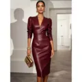 Wine red long sleeve V-neck leather midi dress, stylish autumn slim waist variant. - S / Burgundy