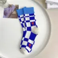 Chaussettes mi-hautes femme a carreaux bleus blancs avec motif tulipe orange style decontracte - CX380 à carreaux