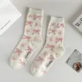 Summer women thin mesh mid-tube socks with cute pink bow and star jacquard design daily wear. - One Size / All-Over Pink Bowknot / Beige