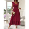 Damen Sommer V-Ausschnitt Kurzarm Maxikleid elegante weinrote lange Partykleid Hauptansicht - S / Rot
