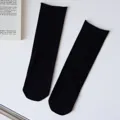 Classic black mid-calf socks for women, Japanese style rolled cuff design, comfortable daily wear. - Black