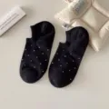 Women's black low cut boat socks with white polka dots, breathable spring summer socks. - One Size / Black