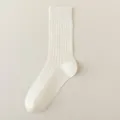 Women white ribbed mid-calf socks, casual cotton knit daily hosiery for spring and summer. - One Size / kb2413 Vertical Stripes