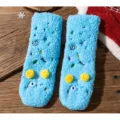 Blue thick fleece floor socks with cute embroidery and pom-poms for cozy winter sleep. - One Size / Lake Blue